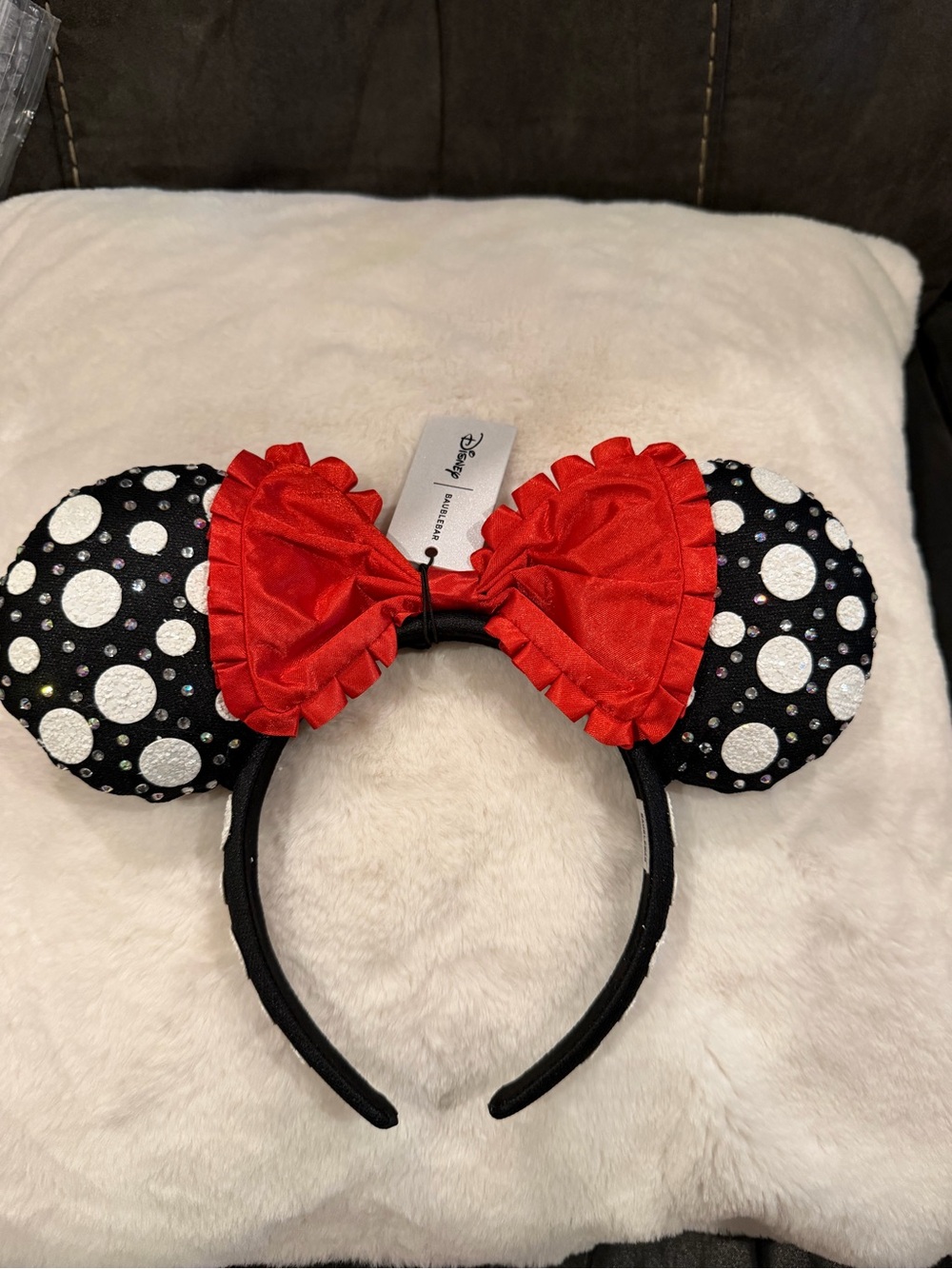 Disney Baublebar Black and White Polka Dot Sequin Ears with Red Ruffle Bow